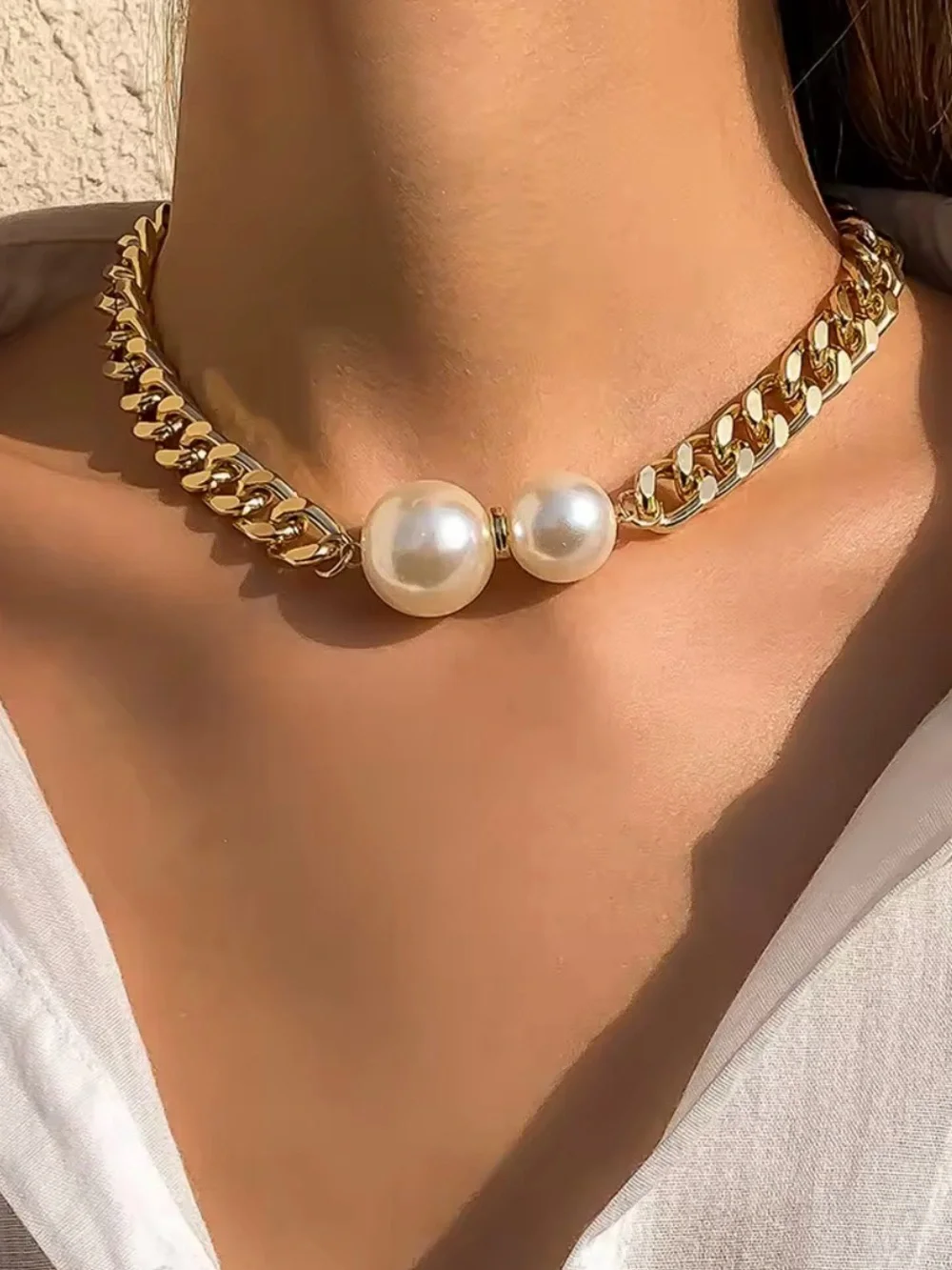 Gold Chain Choker with Pearl Accent - Picture 3 of 3